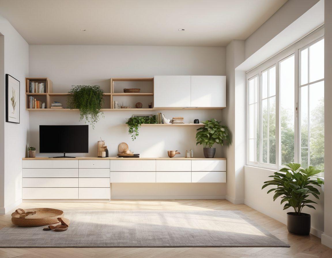 A beautifully designed compact living space showcasing innovative storage solutions like hidden drawers, multi-functional furniture, and clever shelving that blends seamlessly into the decor. Include elements of modern minimalism and warmth, with natural light streaming through large windows. Incorporate subtle greenery for a fresh feel. super-realistic. vibrant colors. white background.