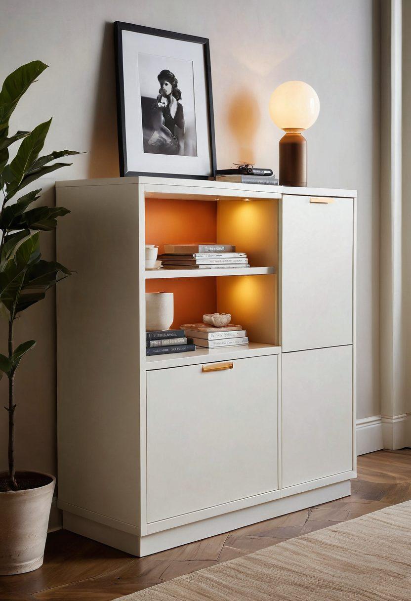 A sleek, modern storage solution that blends seamlessly into a stylish home setting, showcasing discreet compartments and elegant design. Incorporate soft lighting that casts a warm glow to enhance a sense of intimacy and privacy. Include items symbolizing sensitive desires, like vintage love letters and hidden treasures, subtly placed. The atmosphere should evoke surprise and curiosity. super-realistic. warm colors. soft focus.